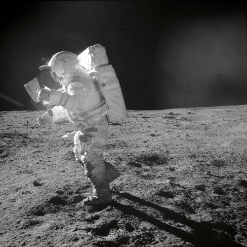 Astronaut Buzz Aldrin pictured on his way to the writing desk. Note the 